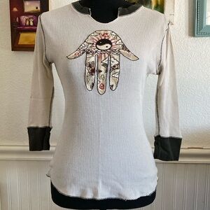 Rare Vintage Lucky Brand Hand of Hamsa Thermal Shirt. 3/4 sleeves. Sz XS